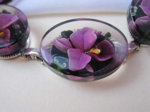 Armband zilverkleurig met lucite intaglio orchidee schakels 20 cm - Afbeelding 3
