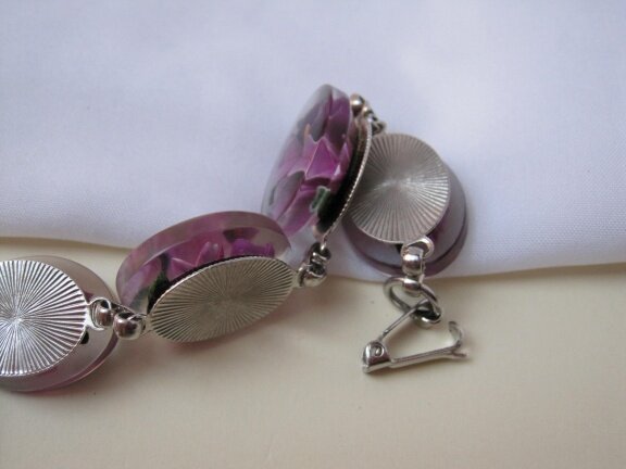 Armband zilverkleurig met lucite intaglio orchidee schakels 20 cm - Afbeelding 6