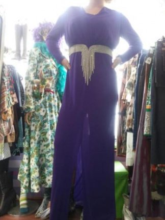Paarse jurk met glitterceintuur, vintage, lang - nr. 1