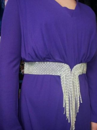 Paarse jurk met glitterceintuur, vintage, lang - Afbeelding 2