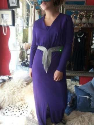 Paarse jurk met glitterceintuur, vintage, lang - Afbeelding 3