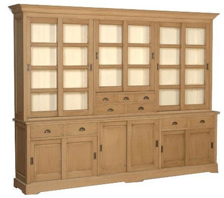 Leem kleur apothekerskast 285cm breed met schuifdeuren en laden - nr. 1