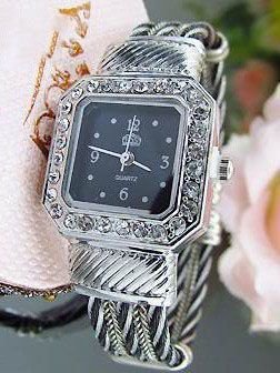 Fijn Topaz 18K WGPL Zwarte Vierkante Armband Horloge - 2
