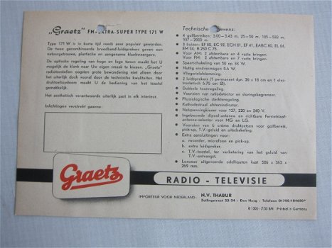 Antieke GRAETZ Top-Super 171 W buizenradio flyer 1953 NL(D166) - 2