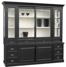 Grote zwarte vitrinekast zwart 225cm breed aan de zijkanten glas