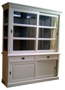 Vitrinekast wit 190cm breed zijkanten glas grijze binnenkant