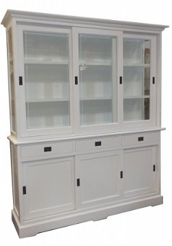 Witte vitrinekast met schuifdeuren 180cm breed zijkant glas