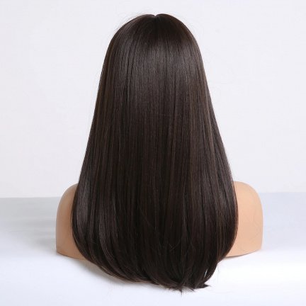 PRUIK LANG STEIL DONKERBRUIN HAAR MET PONY - Afbeelding 3