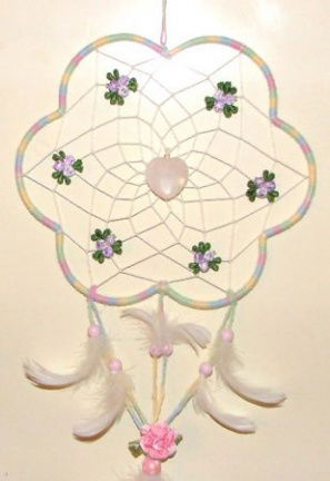 Dromenvanger / Dreamcatcher (Bloemvorm) met EDELSTEEN ROZENKWARTS (Hartje) - Afbeelding 2