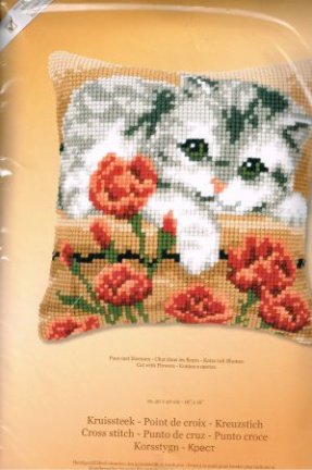 VERVACO BORDUURPAKKET (KUSSEN) POES MET BLOEMEN - nr. 1