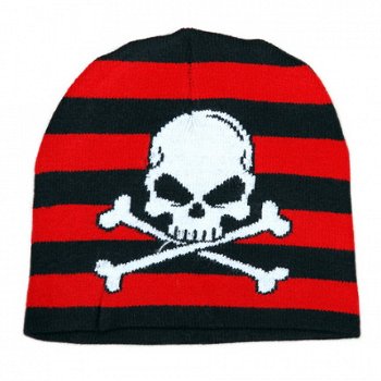 Beanie Red Stripes, Cross Bone Skull - 1