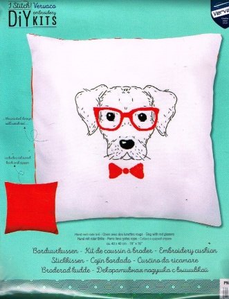 AANBIEDING VERVACO BORDUURPAKKET KUSSEN, HOND MET RODE BRIL - nr. 1
