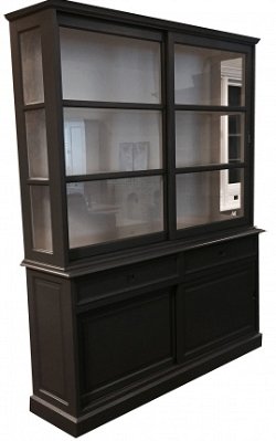 Vitrinekast grijs 190cm breed zijkanten glas witte binnenkant
