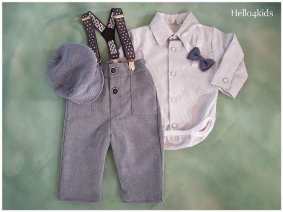 grijs baby kostuumpje bruidsjonker pakje doop doopkleding bretels - Afbeelding 3