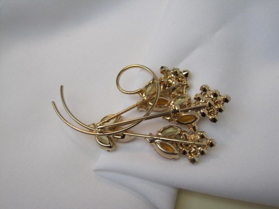 Broche goudkleurig bloemen takjes met frosted en oranje Oostenrijks kristal rijnsteentjes 6.5x4.3 cm - Afbeelding 4