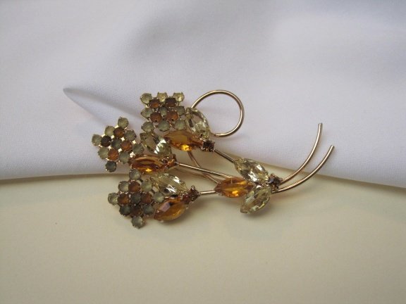 Broche goudkleurig bloemen takjes met frosted en oranje Oostenrijks kristal rijnsteentjes 6.5x4.3 cm - Afbeelding 7