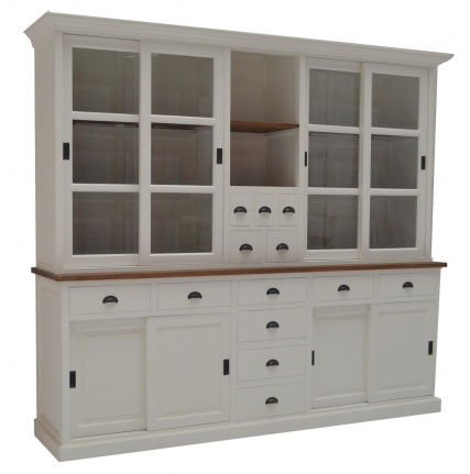Grote white wash kast 240cm breed 13 laden teak lijst en schappen - nr. 1