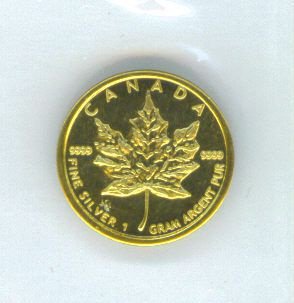 1 Gram puur.999 fijn Zilver/goud muntje,Canadian maple leaf! - 1