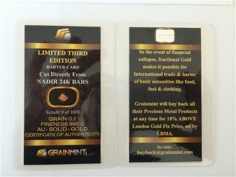 Grainmint Limited Edition 0,1 Grain puur 24k .995 fijn goud Nadir baartje,in een blister Card!! - 2