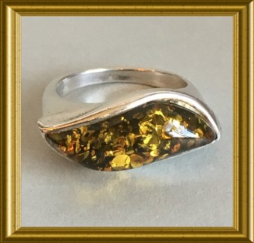 Mooie zilveren (925) ring met barnsteen - 6