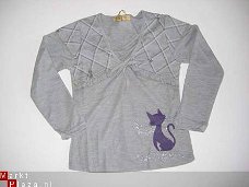 grijs shirt met poes en strasssteentjes in mt 110/116