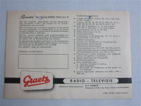 Antieke GRAETZ Super 174 W buizenradio flyer 1953 NL(D169) - 2