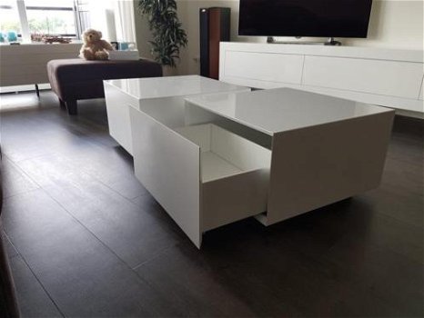 Design wit hoogglans salontafel kubus met lade - 7