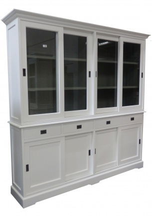 Witte vitrinekast 220cm breed met grijze binnenkant schuifdeuren uit voorraad - nr. 1