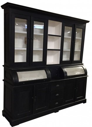 Grote zwarte 230cm brede buffetkast met bolle kleppen witte binnenkant - nr. 1