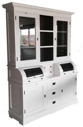 Witte apothekerskast 150cm breed met bolle kleppen grijs binnen - nr. 1