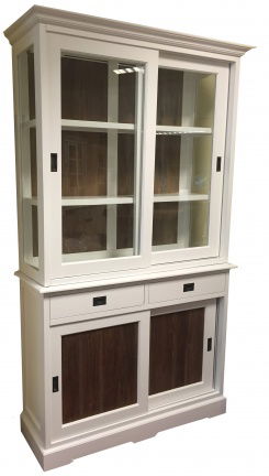 Mooi sfeervolle witte vitrinekast met teak deuren 120cm breed - nr. 1