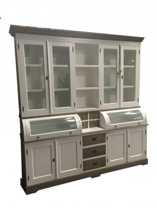Witte kast met bolle kleppen 220cm breed met teak laden en lijsten - nr. 1
