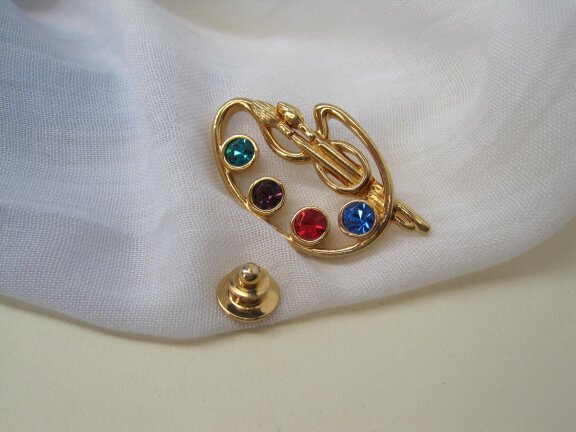 Broche steek/pin Avon goudkleurig schilderspalet gekleurde kristal rijnstenen 4.5X2.5 cm - Afbeelding 2