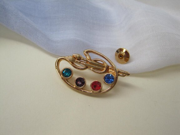 Broche steek/pin Avon goudkleurig schilderspalet gekleurde kristal rijnstenen 4.5X2.5 cm - Afbeelding 3