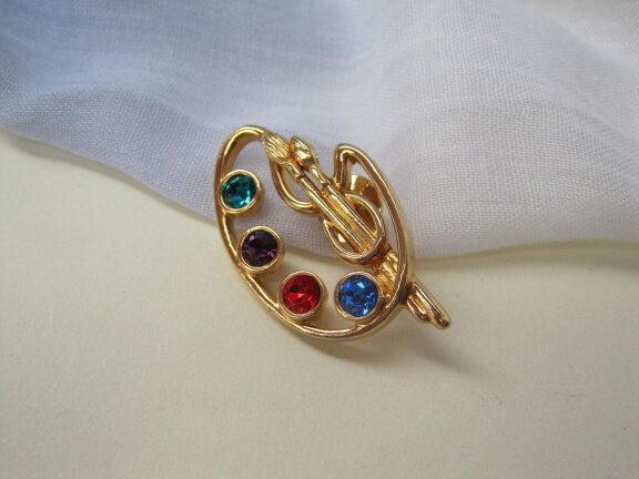 Broche steek/pin Avon goudkleurig schilderspalet gekleurde kristal rijnstenen 4.5X2.5 cm - Afbeelding 5