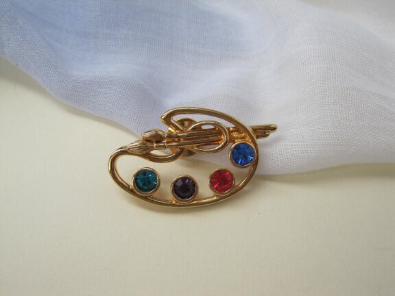 Broche steek/pin Avon goudkleurig schilderspalet gekleurde kristal rijnstenen 4.5X2.5 cm - Afbeelding 7