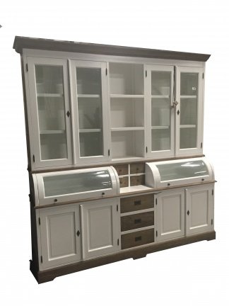Witte kast met bolle kleppen 220cm breed met teak laden en lijsten - nr. 1