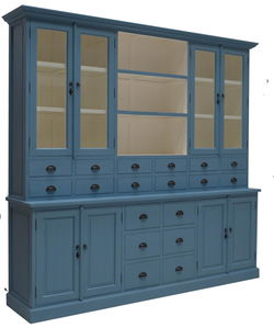 Oud blauwe apothekerskast 18 laden 250cm breed open vak