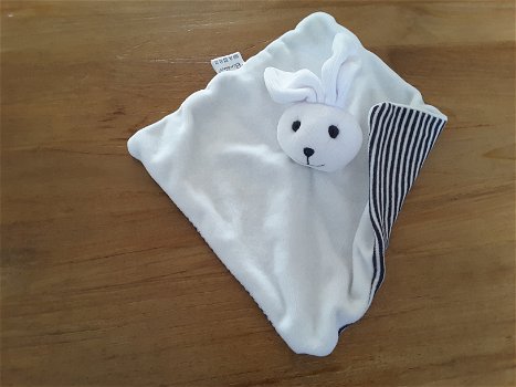 1360 konijn Bambino Wit donkerblauwe streep Evora Knuffeldoek Dou Dou - 0