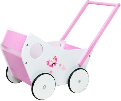 Houten poppenwagen roze/wit met leuke vlinders - 0