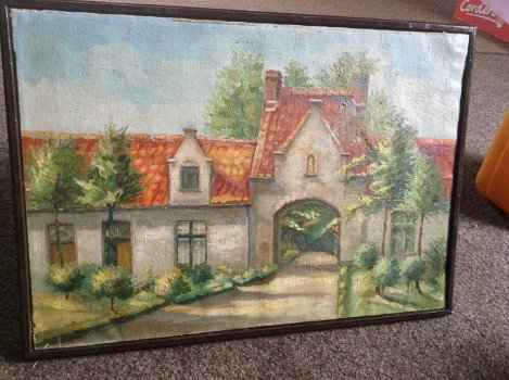 Schilderij van een zicht uit Brugge van een zekere Schilder Claes ,meer dan 70 jaar oud - 1