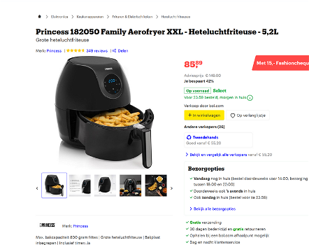 Princess 182050 Family Aerofryer XXL – Hetelucht friteuse - 5,2 liter - 0