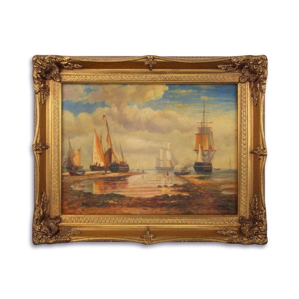 Olieverf schilderij in lijst zeezicht met zeilschepen. - nr. 1