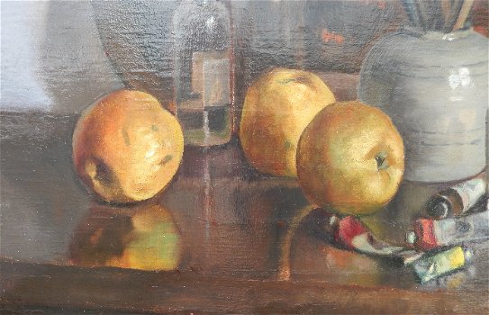 Stilleven met schilderspalet, verftubes en appels Olieverf - 1
