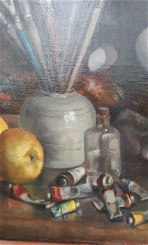 Stilleven met schilderspalet, verftubes en appels Olieverf - 2