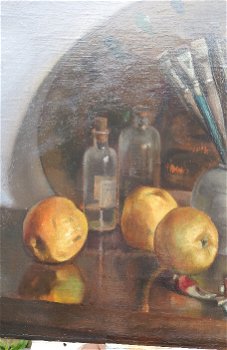 Stilleven met schilderspalet, verftubes en appels Olieverf - 3