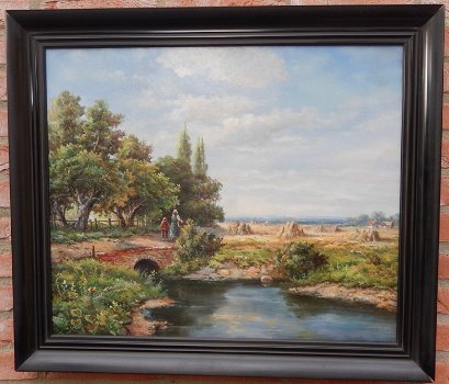 Landschap met figuren en korenschoven Olieverf op doek - 0