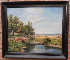 Landschap met figuren en korenschoven Olieverf op doek