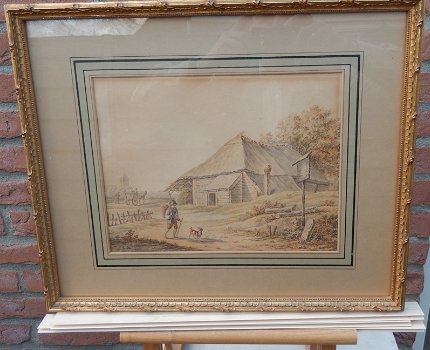 Pieter Barbiers II (1749 - 1842) Landschap met boerderij en figuren - 1