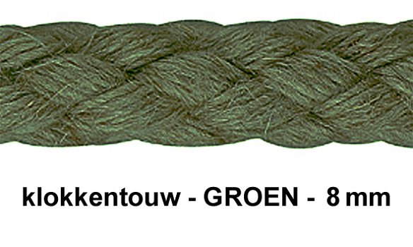 Luxe kwaliteit gevlochten klokkentouw dikte 8 mm. Kleur: groen. - 0